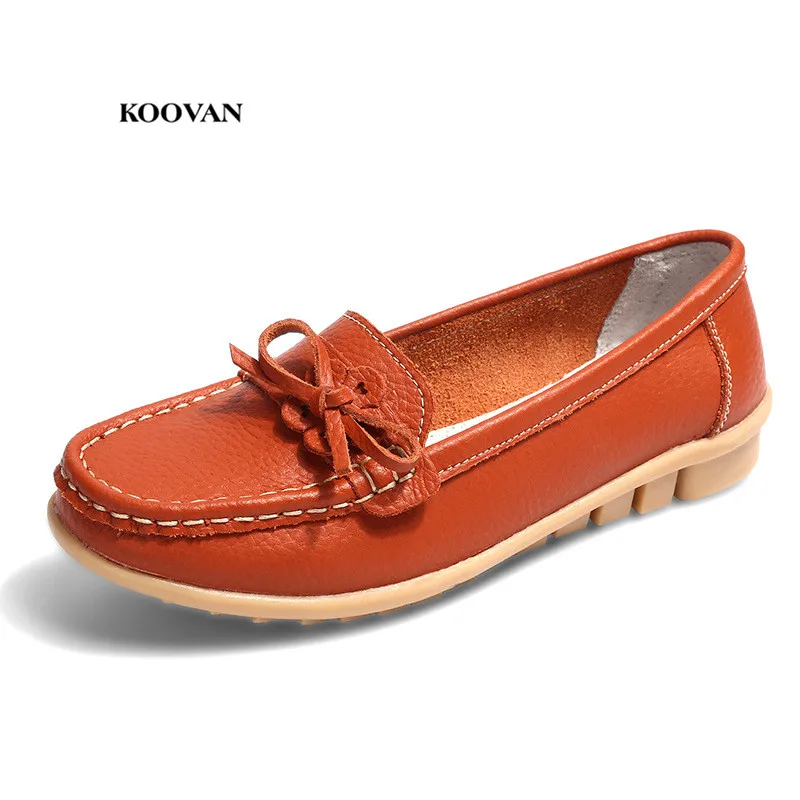 

Koovan Women's Flats 2018 New Cowhide Mother's Peas Shoes Nurse Shoes Across The Border Summer Ladies Shoes Bow Women