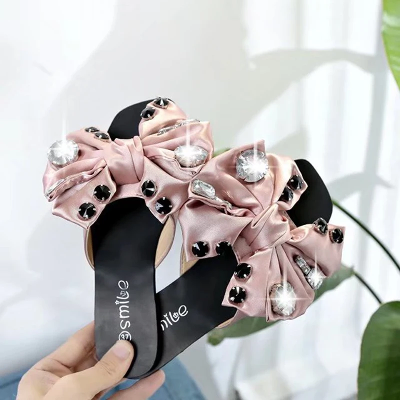Sandalias Seda Big nudo rosado Playa gris Zapatillas Mujer plata Rhinestone Bow Plana Diapositivas Arco De Flipflops Rosa Zapatos Negro Bow 5awx4tfq