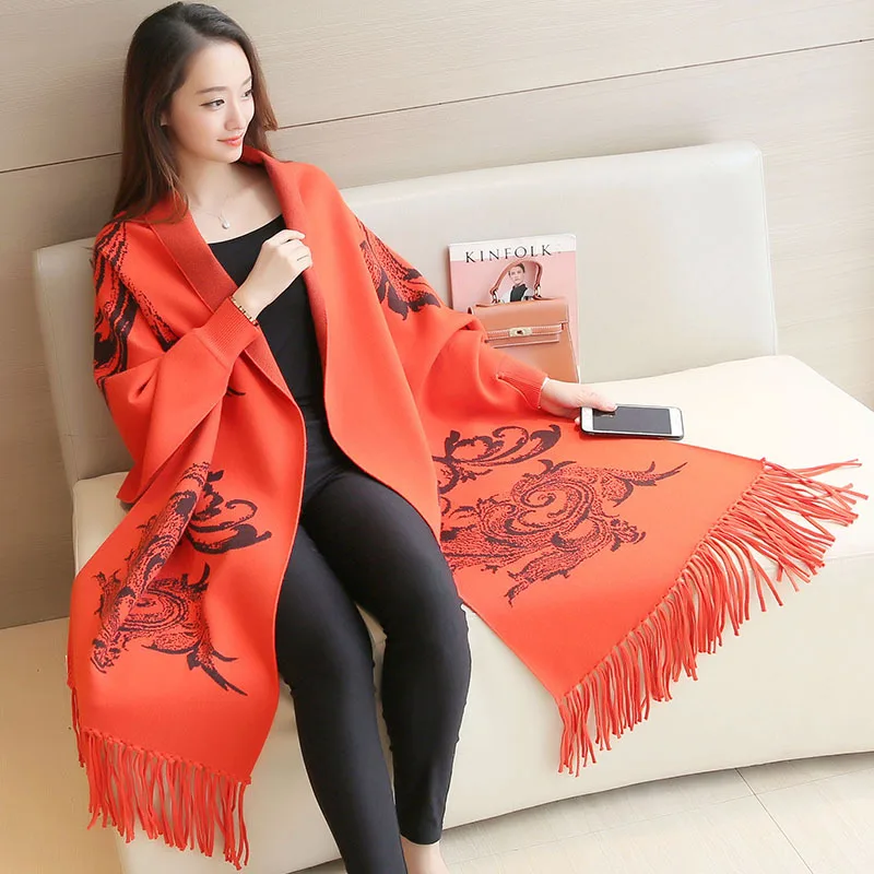 

2016 Winter Plus Size Batwing Poncho Women Knitted Overwear Coat Cashmere Sweaters Print Knitted Cardigans Sweater With Tassel