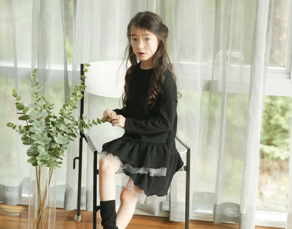 new 2018 mesh patchwork teenage girls long sleeve dresses for kids autumn winter black ruffles sweatshirt dress children clothes (8)