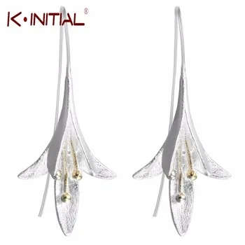 Kinitial 1pair New 925 Silver Long Flower Drop Earrings for Women Lovely Girls Christmas Gift Statement Fashion Birthday Jewelry