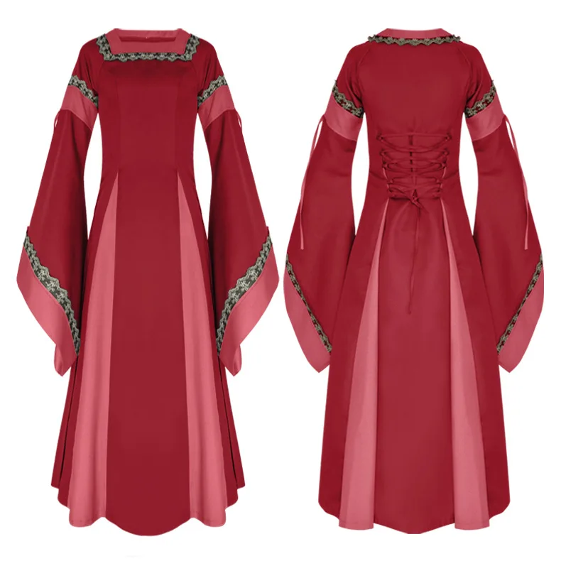 Платье в викторианском стиле для женщин среднего возраста с квадратным вырезом и Расклешенным рукавом; костюмы для косплея на Хэллоуин; длинное платье; средневековое платье - Цвет: Красный