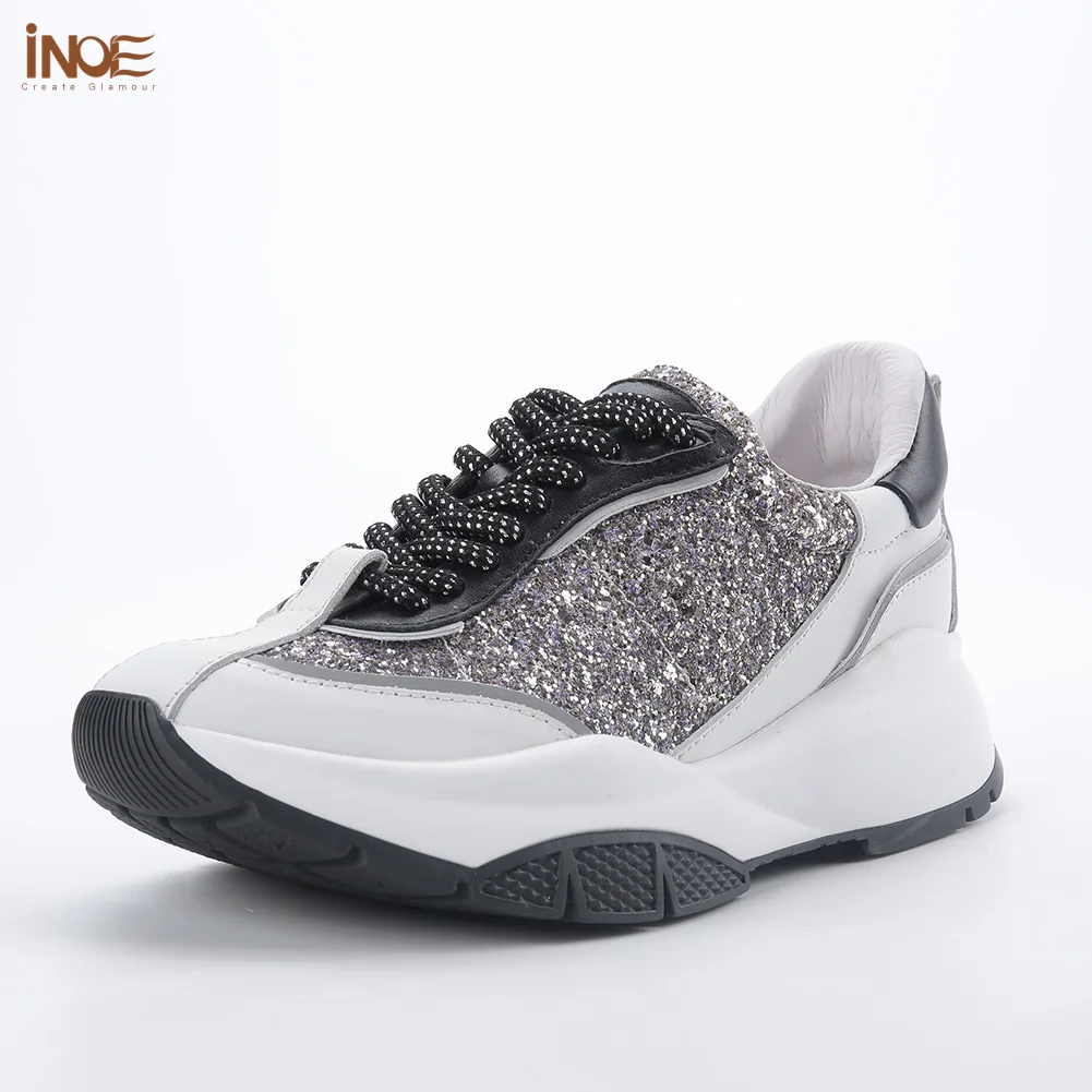 

INOE Genuine Leather Shoes for Women Sneakers Casual Shoes Autumn Flats for Walking Bling Bling Pink Black Silver High Quality