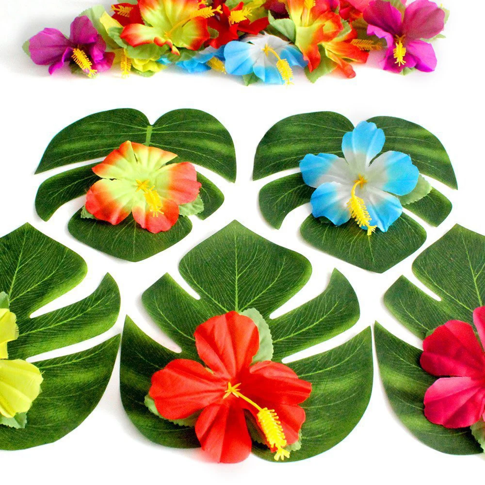 30 шт. листья+ 24 цветы Луау Мауи Моана День Рождения Летние Пляжные вечерние красивые украшения стола Гавайская тропическая тематика Рождество