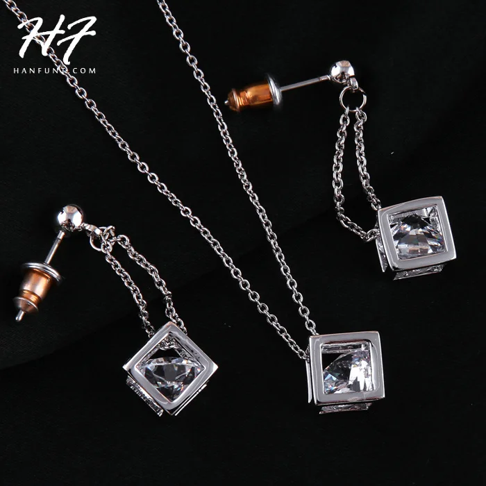 

New! Silver Color Cubic Frame with CZ Crystal Inside Earrings and Necklace Set S059