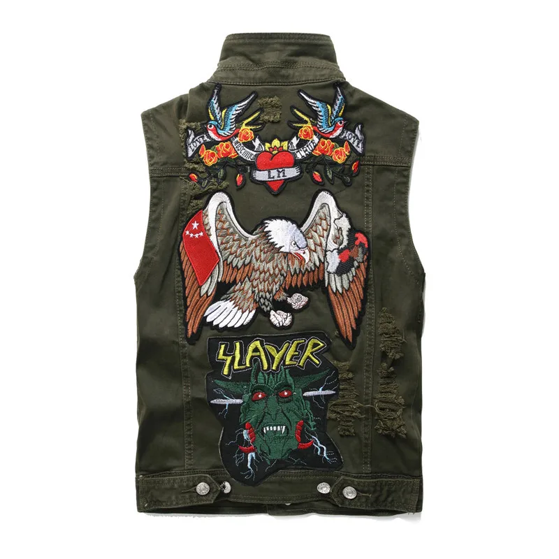 Newsosoo Fashion Style Men's Ripped Denim Vest Hip Hop Embroidery Flower Phoenix Jeans Jacket Waistcoat For Male  (19)