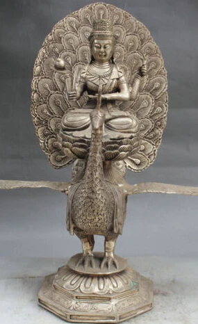 

80@g++12" Chinese Silver 4 Arms GuanYin Kwan-Yin Boddhisattva Ride Phoenix Bird Statue
