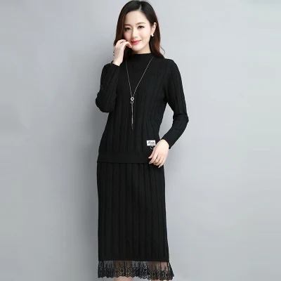 Spring New Knitted Sweater Two Piece Set Top+ Skirt Women Plus size Lace edge Skirt Loose Turtleneck Sweater Pullover Dress 3XL - Цвет: Black