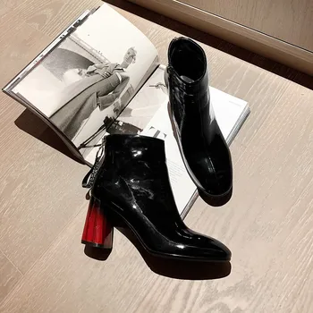 

GPOKHDS 2020 women ankle boots soft cow leather zippers square toe autumn spring wine red high heels female boots size 34-40