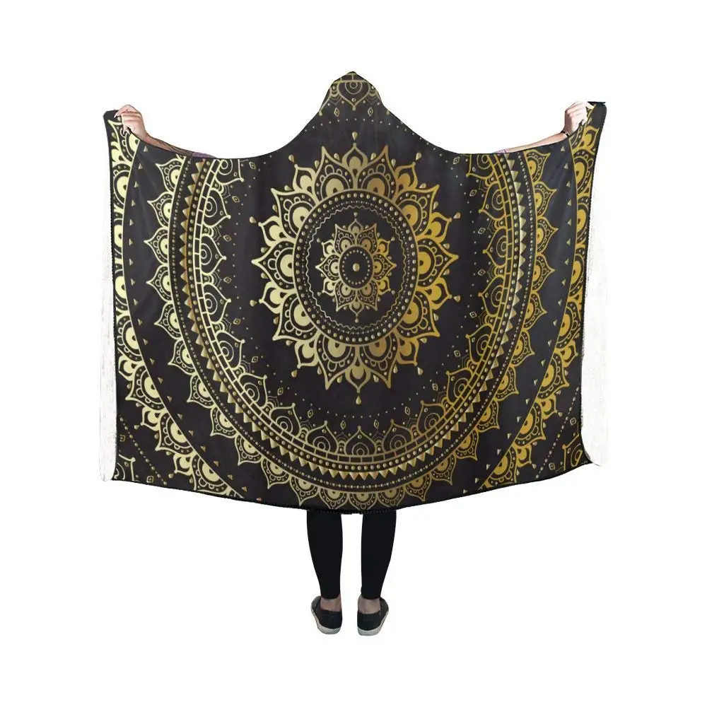 Hooded Blanket Gold Mandala Indian Pilling Polar Fleece Hooded Throw