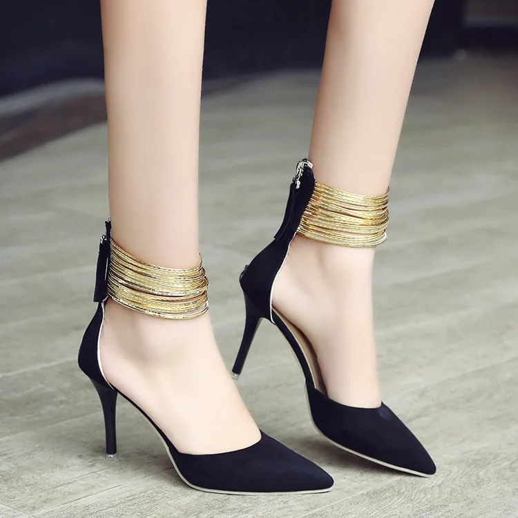 2018 Spring Autumn Women Pointed Toe Flock Pumps Curve Super High Party Fashion Metal Strap Shoes Ladies Heels