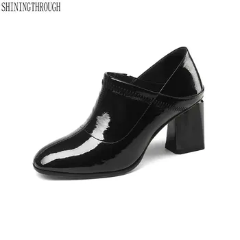 

Fashion high heels black genuine leather women shoes autumn winter thick Heels Female pumps shoes woman
