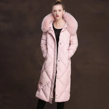 Женский пуховик, Зимняя Толстая теплая меховая парка, розовое пальто, натуральный Лисий мех, стрижка, капюшон, пуховик, X-long, дизайн 0717J