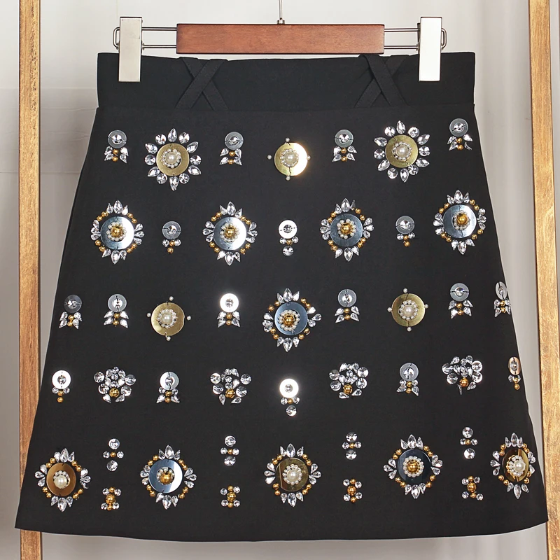 Дизайнерская Роскошная брендовая юбка для женщин с высокой талией в винтажном стиле барокко, бисер, Алмазные блестки, трапециевидные юбки черного цвета