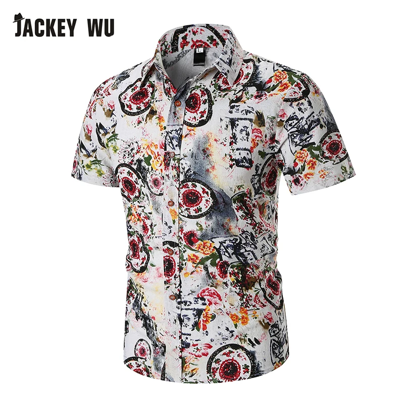 JACKEYWU рубашки домашние муж. для мужчин лето 2019 г. Модные Этнические печати короткий рукав гавайская рубашка тонкая рубашка Лен мужская