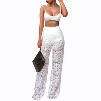 

HOT hirigin new Summer Beachwear Hollow Out High Waist Lace See Through Women Wide Leg Pants Cover Up Long Beach Pants Trousers