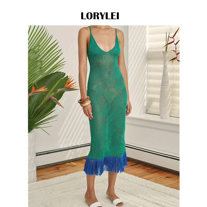 

2019 Women Summer Beach Wear Green Knitted Fringed Slip Dress Sexy Hollow Out Swim Suit Cover Up Crochet Tunic Sarong plage N705