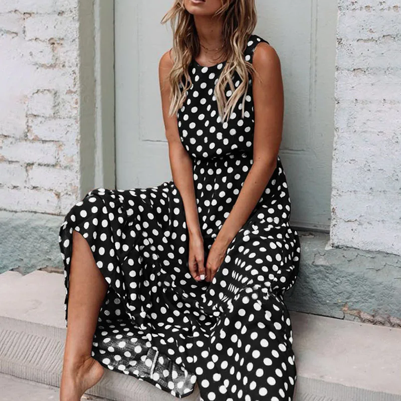 

Women Polka Dot Print Dress Sleeveless Boho Slim Fit Casual Long Dress for Summer QL Sale