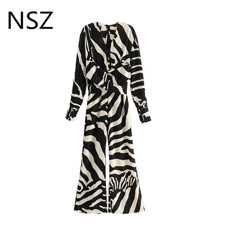 

NSZ Women Animal Print Zebra Chiffon Jumpsuits Long Sleeve V Neck Romper Overalls