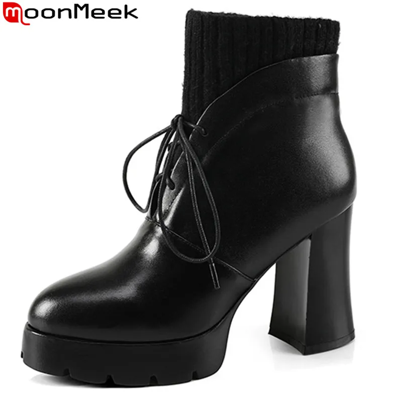 

MoonMeek fashion new arrive women boots black genuine leather ladies boots round toe lace up cow leather ankle boots platform