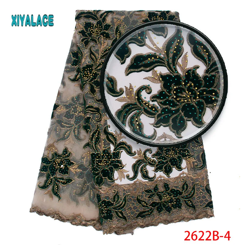 

Latest African Lace Fabric High Quality Velvet Lace Fabric With Stones Embroidery Lace Trim For African Wedding Dress 2622b