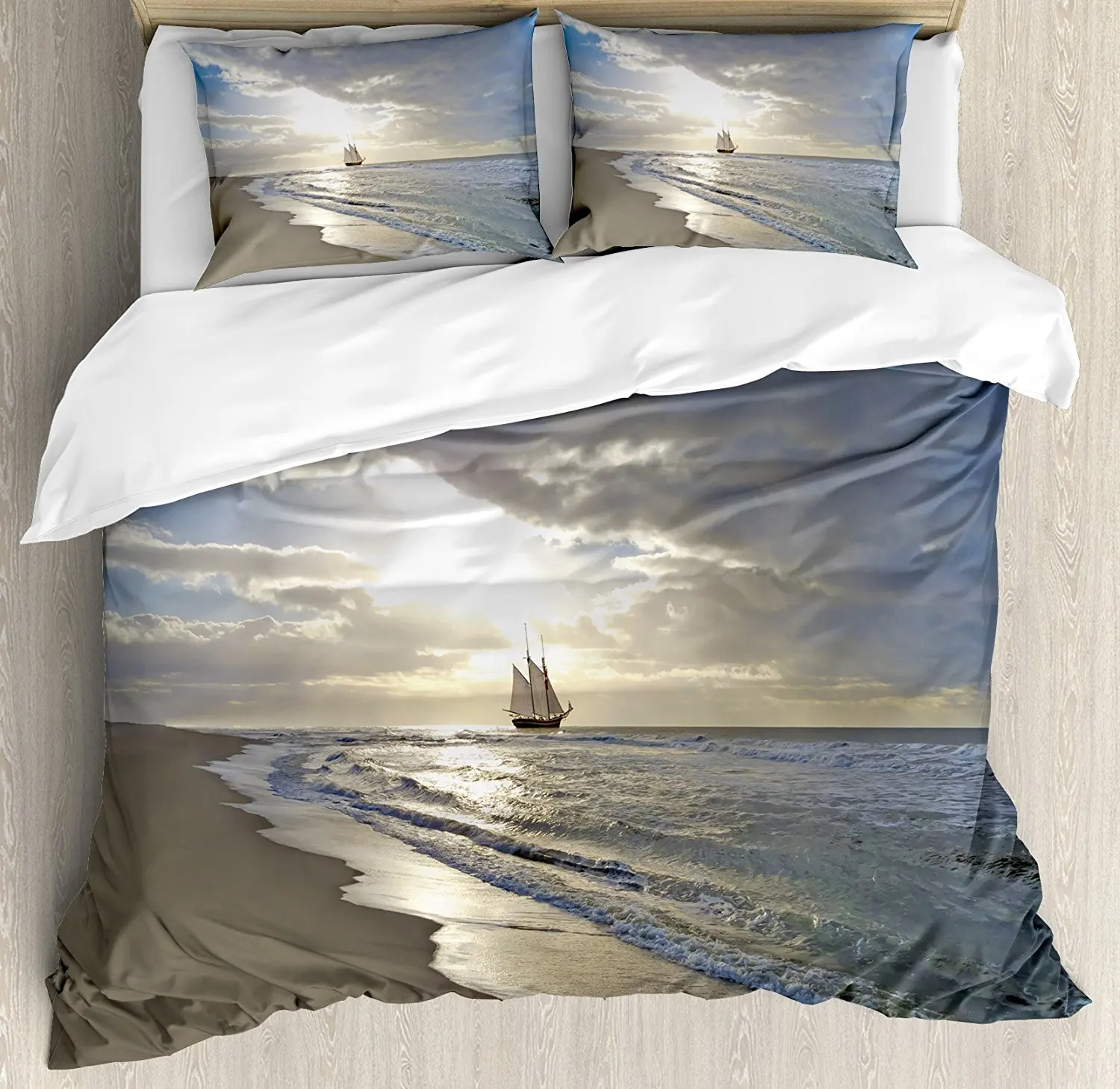 Nautical Duvet Cover Set A Sailing Ship Close To Sandy Beach In