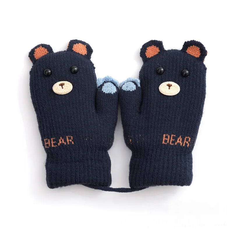 Winter Animal Shape Unisex Knitted Gloves Full Finger Mittens Gloves for Children For Girl Boy Cartoon Warm Cute Cartoon Mittens - Цвет: Navy