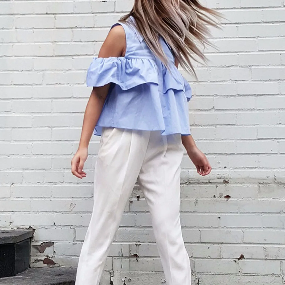 VESTLINDA Summer Women Off the Shoulder Ruffles Blouse Shirts Turn Down Collar Casual Sexy Tops Chemise Femme Work Office Blusas 10