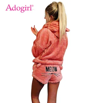 

Adogirl S-5XL Plus Size Cat Embroidery Fleece Two Piece Set Pockets Hooded Sweatshirts + Shorts Pajamas Suit Leisure Wear Outfit