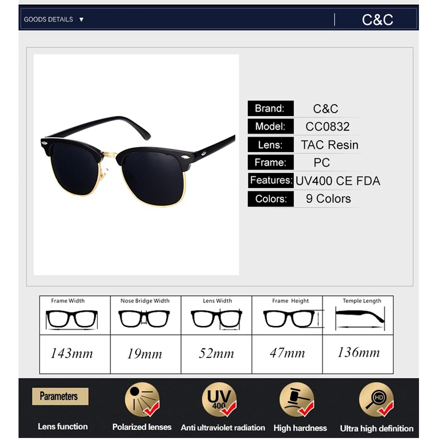 Горячее предложение Классический бренд поляризованных солнцезащитных очков Для мужчин Для женщин полуметаллический зеркальные солнцезащитные очки унисекс Gafas De Sol UV400 классический