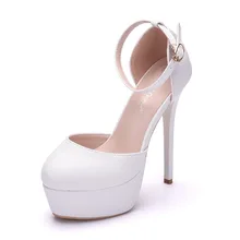 Women Pumps Shoes Summer 14cm Thin High Heels Round Toe Buckle Strap 4.5cm Platform Wedding Lady Party Female Shoes Plus Size siemo sexy women round toe high heels pumps platform cross strap ankle buckle stiletto wedding party dress shoes red size 4 15 5
