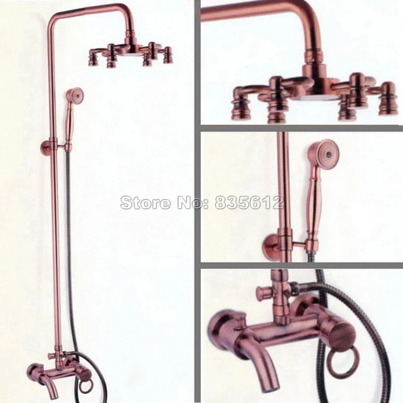 Antique Red Copper Bathroom Rain Shower Faucet Set\Hold Shower+Single Handle Wall Mounted Bath Tub Mixer Tap Wrg008