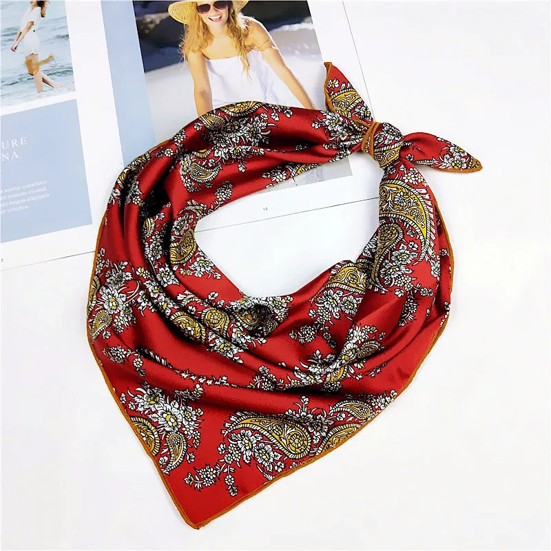 

60*60cm Retro Print Women Satin Square Scarf Female Headscarf Shawl Neck Tie Neckerchief Handle Bag Ribbons Foulard Girl Scarve