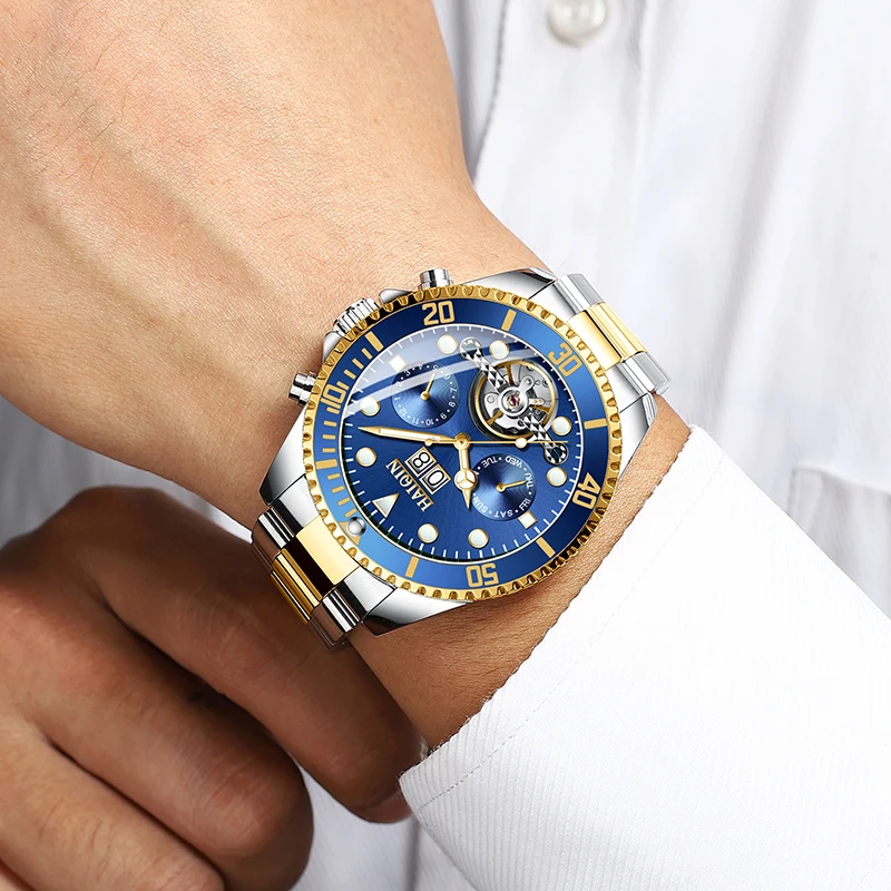 HAIQIN ووتش توربيون الرجال التلقائي الميكانيكية ووتش العلامة التجارية الفاخرة ساعة اليد العسكرية رجل رياضة ساعة Relogio Masculino