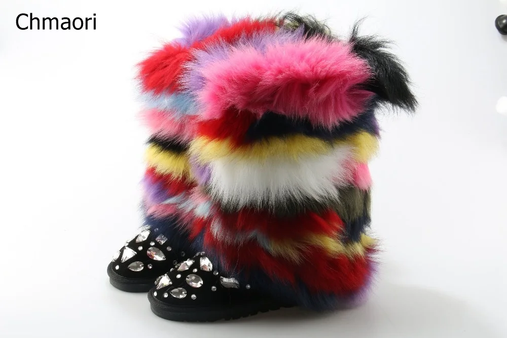 

Winter Luxury Handmade Mixed Color Fox Hair Snow Boots Genuine Leather Winter Shoes Women Botas Crystal Colorful Fur Boots 43