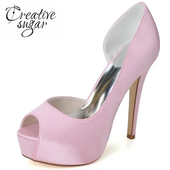 

Creativesugar Woman high heels pink platform D'orsay satin dress shoes open toe white pumps wedding party prom empty side pumps
