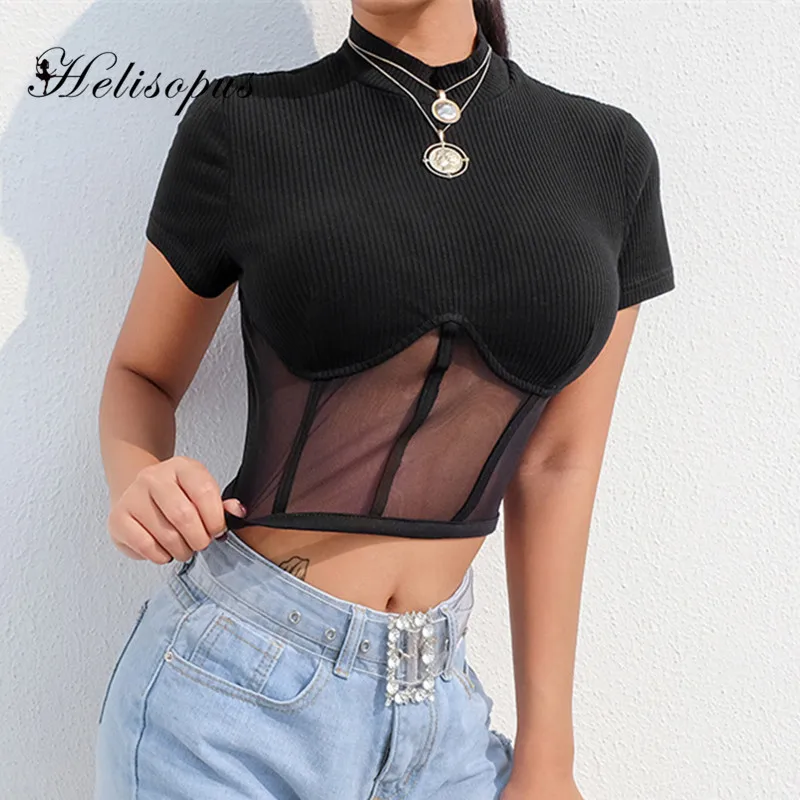 

Helisopus Sexy Patchwork Black Mesh T Shirt Women Summer Short Sleeves Slim Crop Tops Tees Ladies Harajuku Crop Top