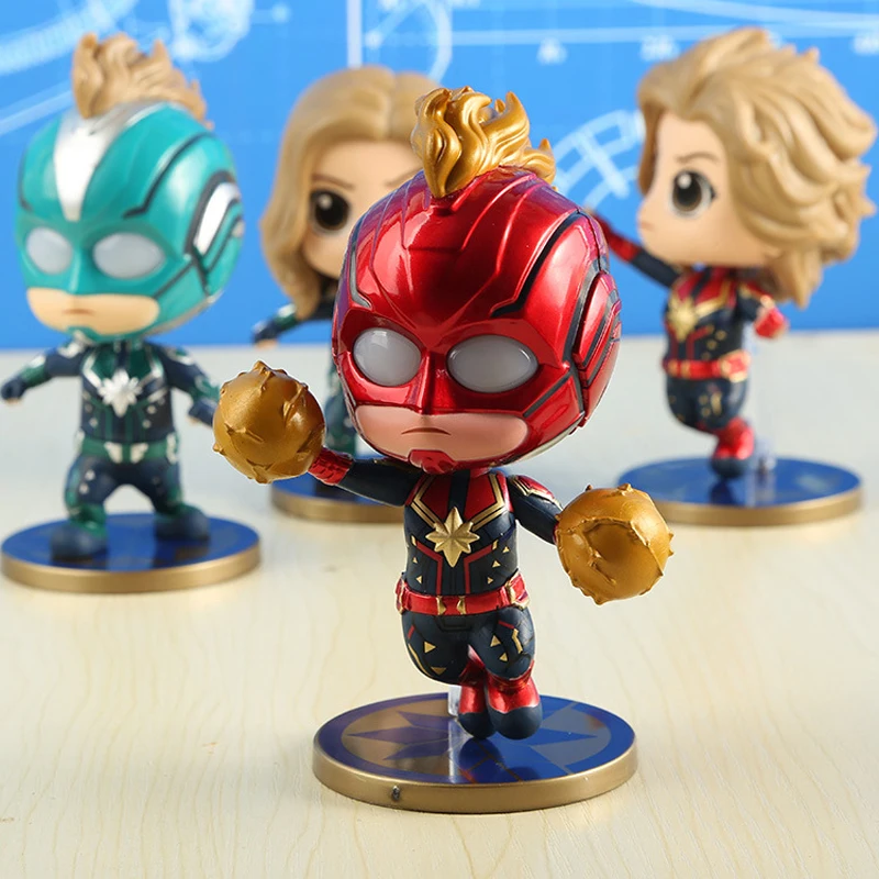 

4 Pcs/set 11cm Marvel Avengers Captain Marvel Dolls Cute Version Model Shaking Head Lighting Ornaments Action Figure Toys