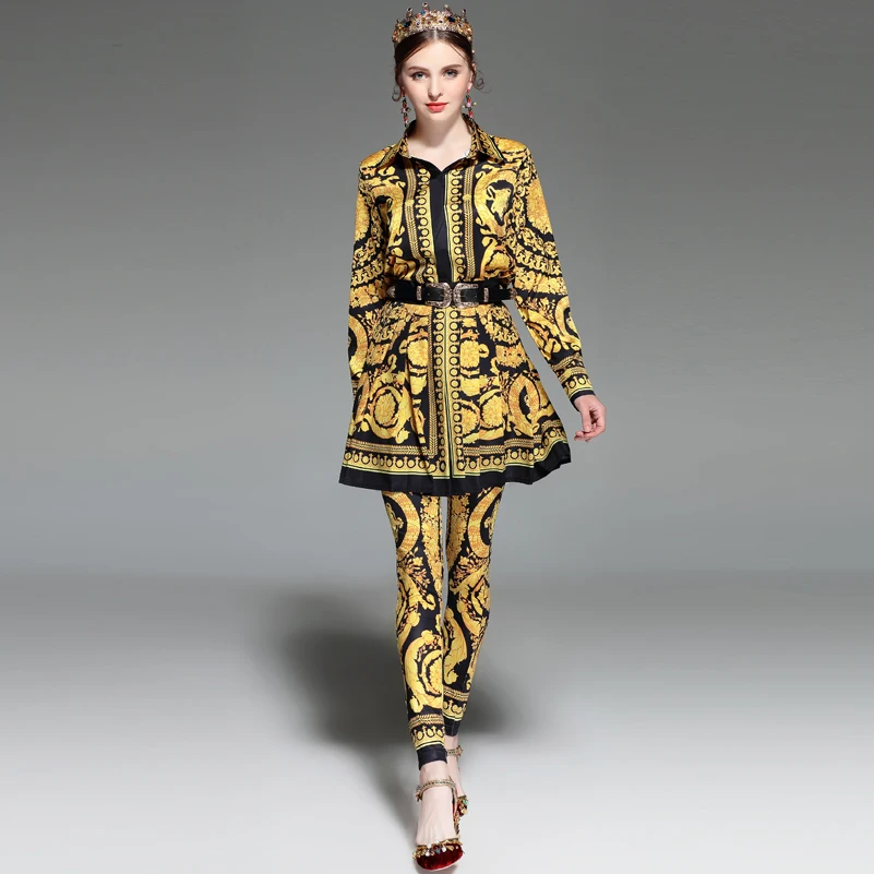 

High-quality 2019 spring Fashion Runway Designer Suit Women Three-Pieces Set Floral Print Tops and Skirt and Vintage Pants Set