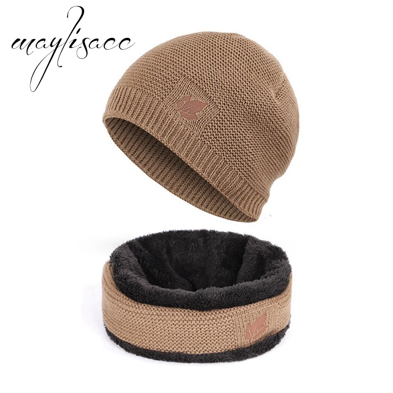 Maylisacc одноцветное осень-зима теплая вязаная шапка с шарфом кольцо Модные для Для мужчин Спорт на открытом воздухе шарфы с шляпа набор - Цвет: Khaki
