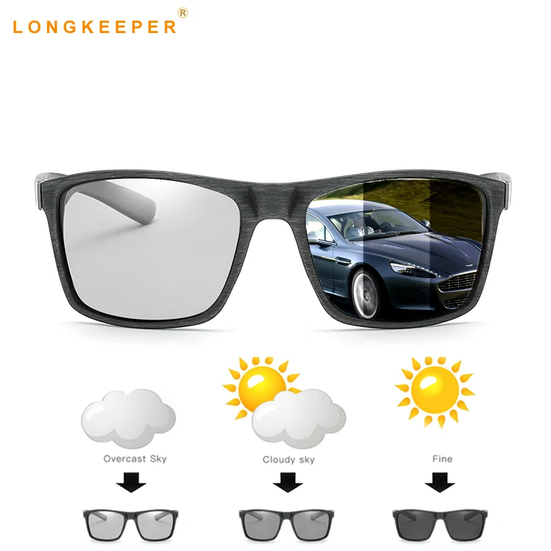 

2019 Driving Photochromic Sunglasses Chameleon HD Polarized Men Glasses All day change color for Snow light Imitation Wooden