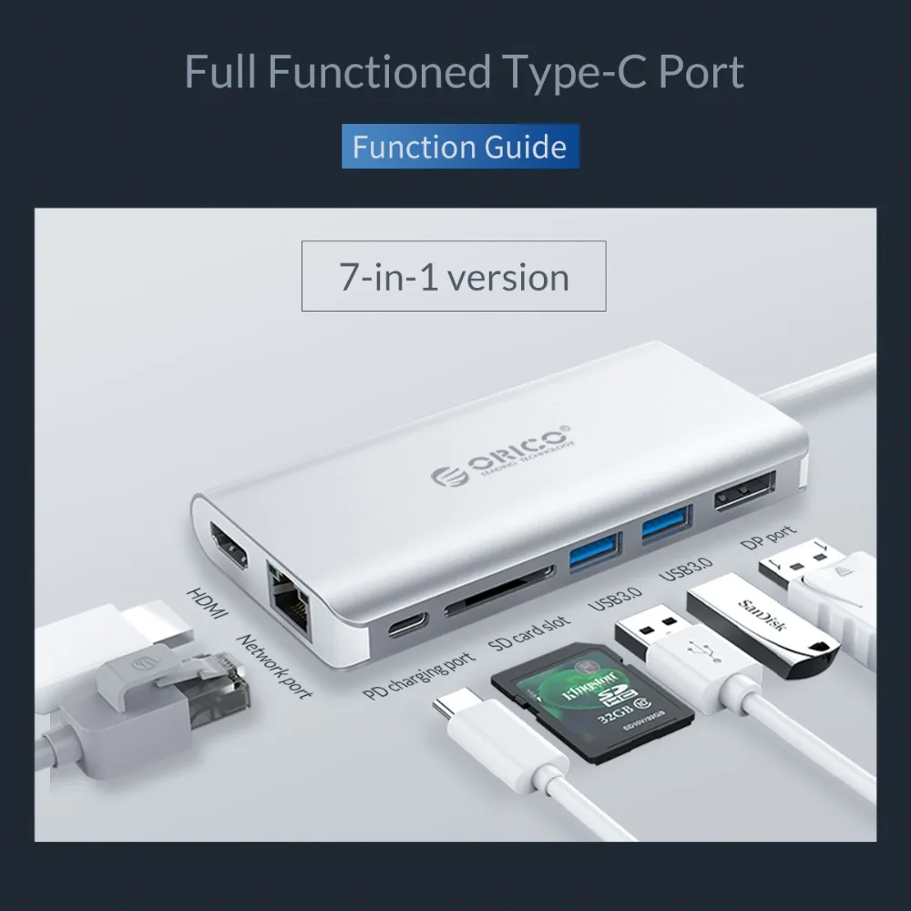  ORICO USB HUB Type C to HDMI RJ45 VGA for MacBook Samsung HUAWEI 8-in-1 Type C USB 3.0 HUB 15CM Cab