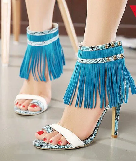 

summer style sexy woman shoes woman fashionable snakeskin high heeled sandals blue pink ankle tassels design stylish party