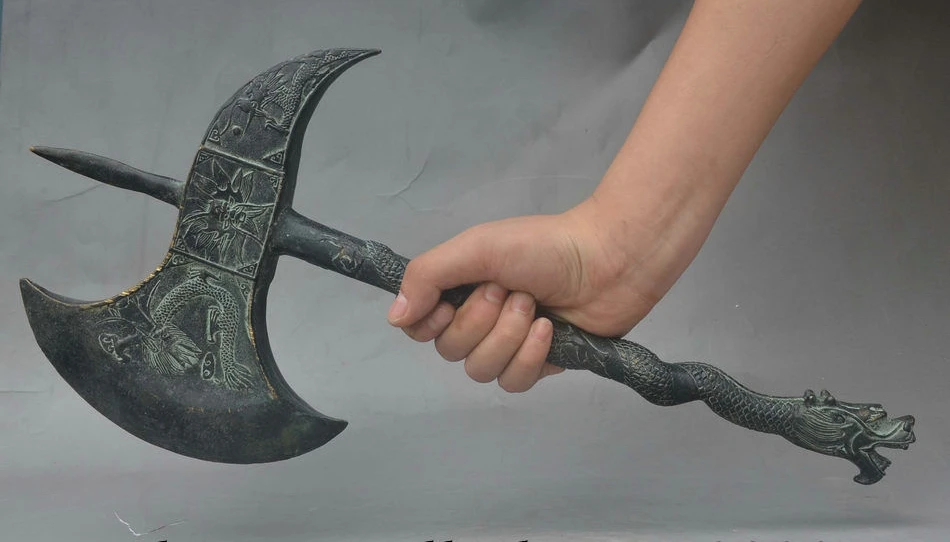 17" Chinese Copper Bronze Fengshui Bixie Dragon Loong Hatchet Axe