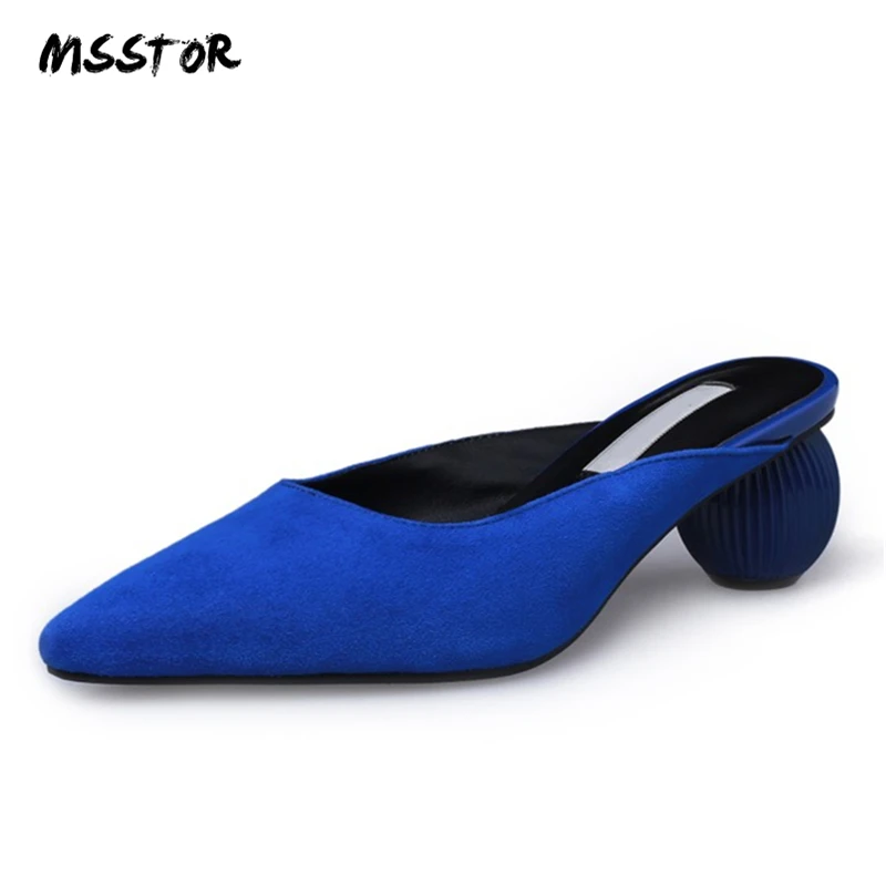 

MSSTOR Kid Suede Slippers Women Summer Pointed Toe Heels Mules Concise Shoes Woman 2019 Strange Style Womens Slippers Outdoor