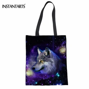 

INSTANTARTS Cool 3D Animal Galaxy Wolf Print Women Linen Shopping Bags Casual Recyling Tote Bags Multi-function Girls Bookbags