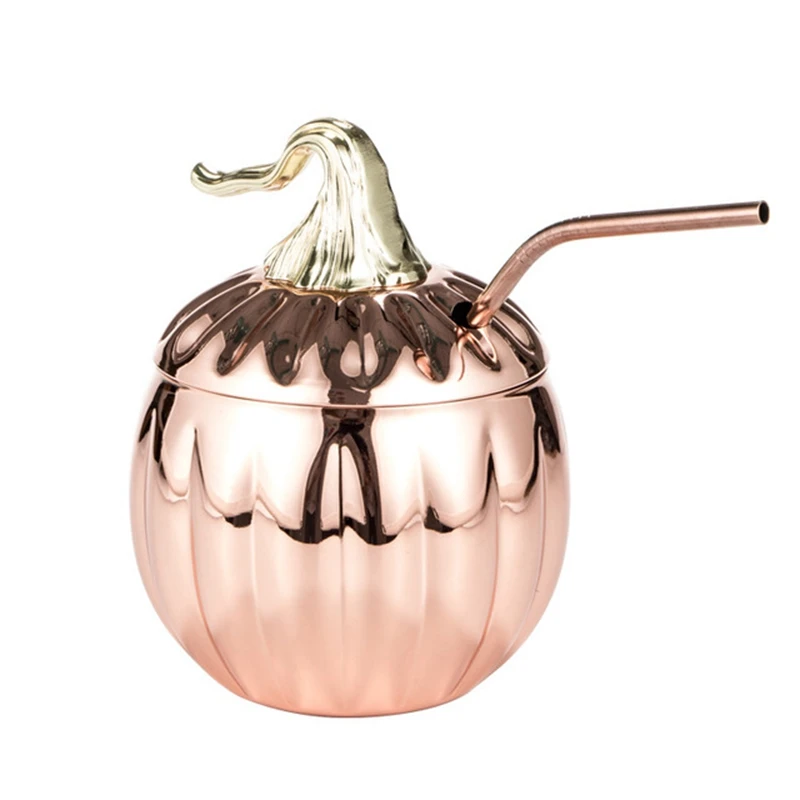 Rose Golden 304 кружка из нержавеющей стали с медным покрытием и соломенной крышкой для коктейля, вина, пива, 500 мл, чашка для напитков, сока, в форме тыквы, бар, посуда для напитков - Цвет: Rose Golden