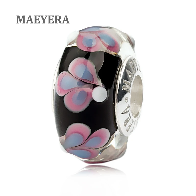

MAEYERA 925 Sterling Silver Lampwork Beads Flowers Murano Glass Beads For European Charm Bracelet Jewelry 920259