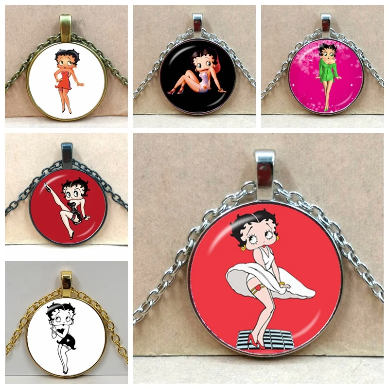 

Newest Trendy Betty Boop Glass Cabochon necklace Harajuku Cute Cartoon Picture Silver Plated necklace For Women Girls