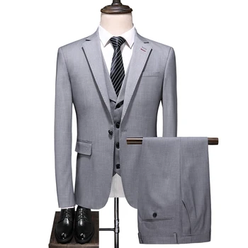 

Business formal gray single-breasted men's suit suit groom banquet classic dress suit blazer (coat + vest + pants) suits 5XL